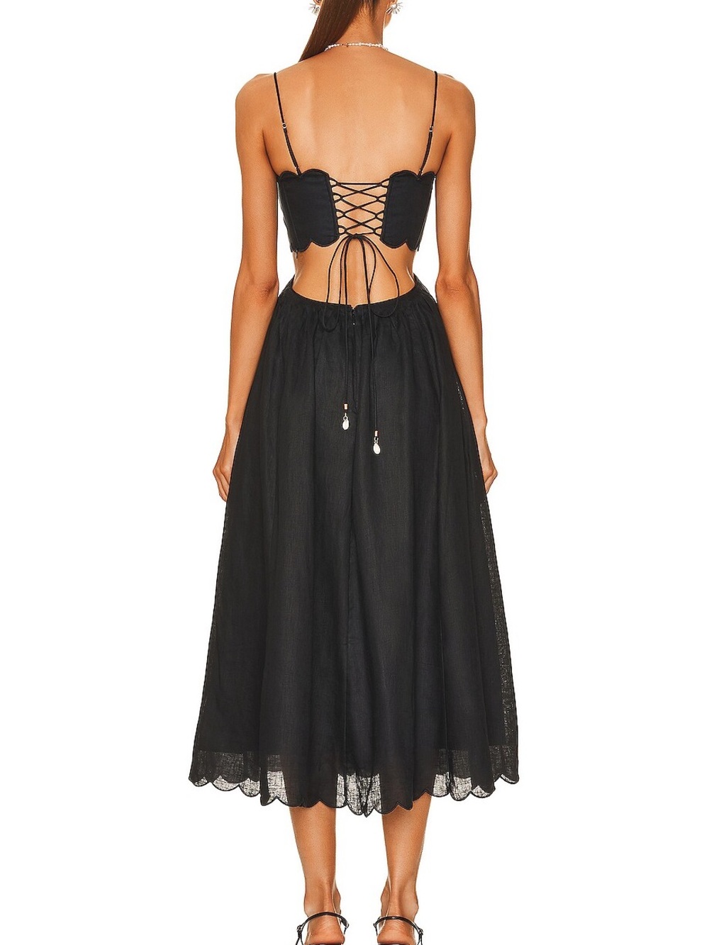 Zimmermann Petite Jude Scallop Midi Dress Black Linen Lace Up Back Vacation 0P - Picture 9 of 16